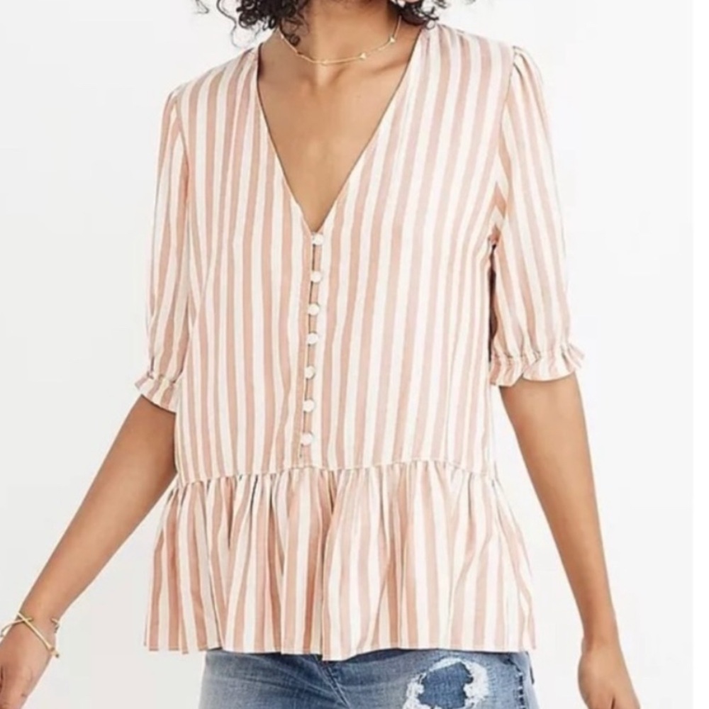 Madewell Courtyard Ruffle Hem Peplum Striped Top
Blush Size Small